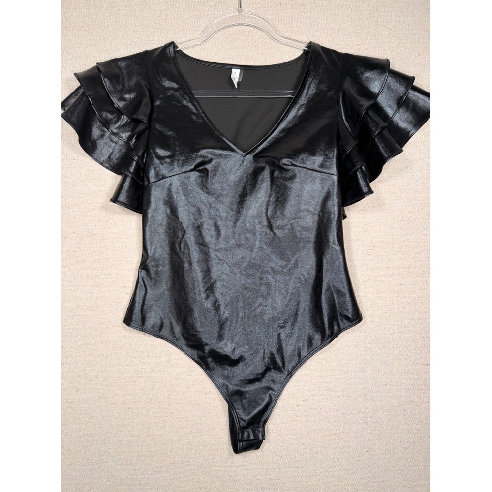Glam Black Faux Leather Ruffle Flutter Sleeve Bodysuit GT6289 Small